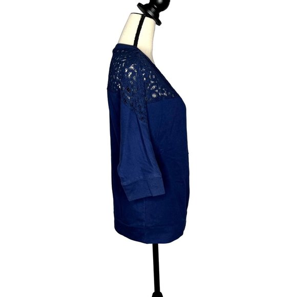 A.n.a. Blue 3/4 Sleeve Lace Yoke Round Neck Cotton-Blend Top Size Small - Picture 2 of 7
